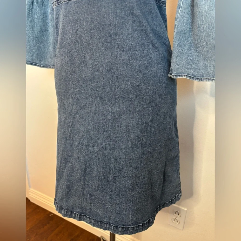 Vintage floral embroidered denim mini dress with bell sleeves